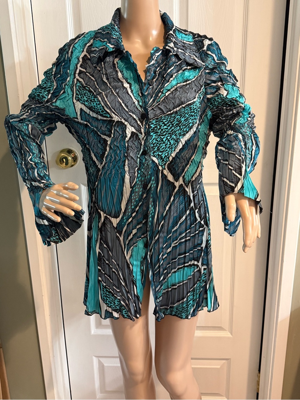 Vintage Y2K Alberto Makali Womens Button Up Crinkled Pleated Tunic Top L Blue
